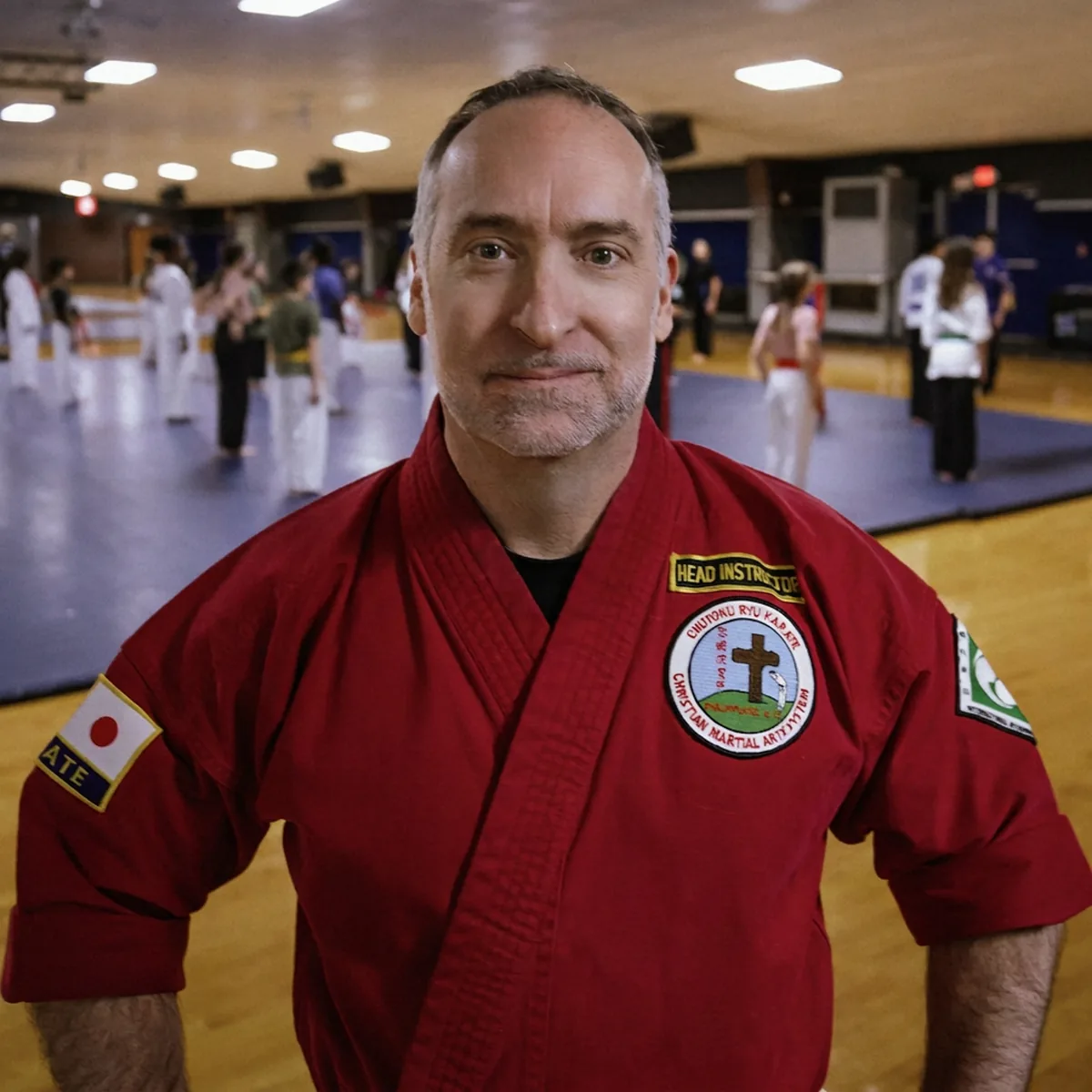 Headmaster Scott Gilbert in his red gi on the training floor at Savior Martial Arts